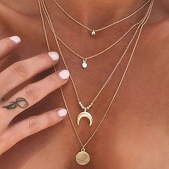Gold Bohemian Crescent Layered Choker Necklace Set - Picture 1 of 2